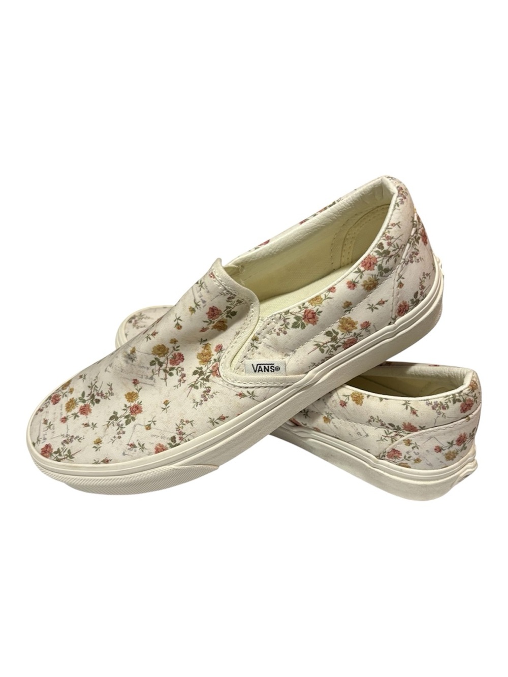 Vans Women's Cream Floral Slip-On Sneakers with Pink and Yellow Blooms